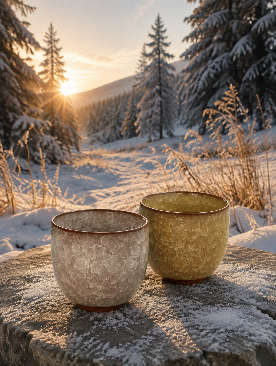 Sunlit Yellow&Dusty Amber Crackle Glaze Cup Set